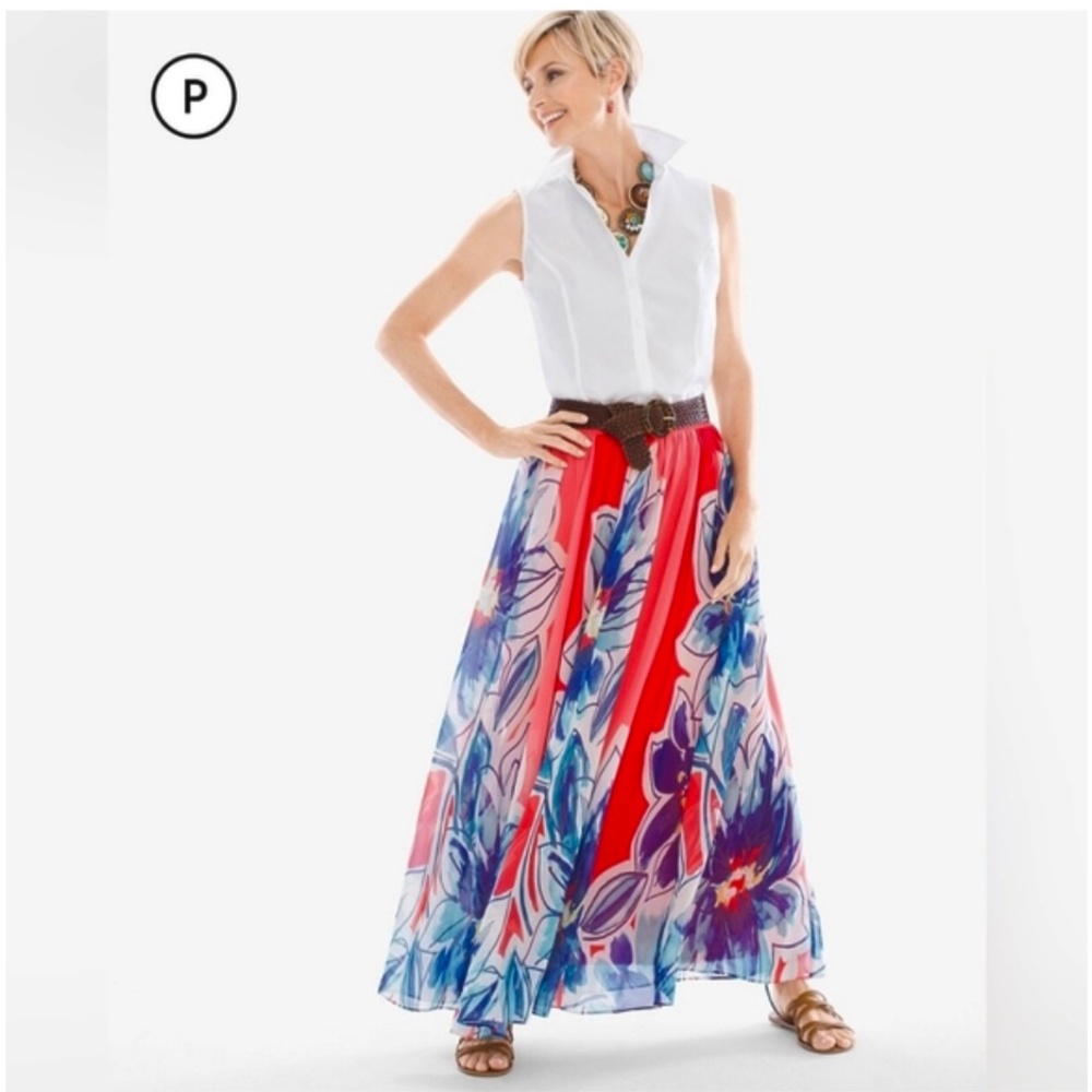 Chico's Tropical Floral Maxi Skirt Sz 1 Coral-Blue Multi Boho